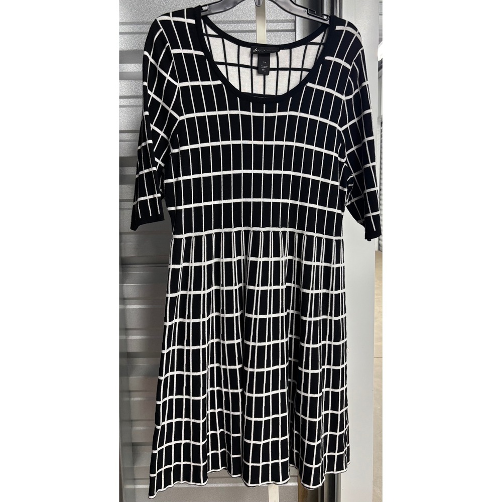 Lane Bryant Black White Grid Windowpane Sweater Dress 14/16 Fit Flare Scoop Neck